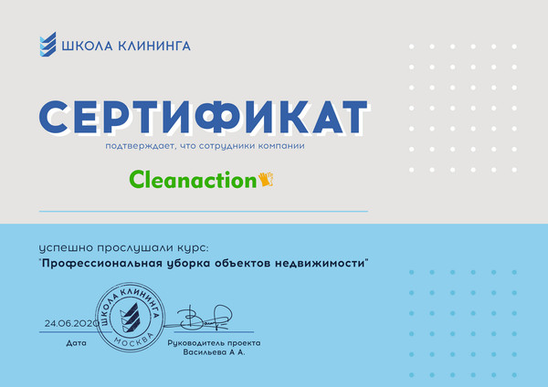 Клинеры клининговой компании "Cleanaction" успешно прослушали курс: "Профессиональная уборка объектов недвижимости" в Школе клининга.